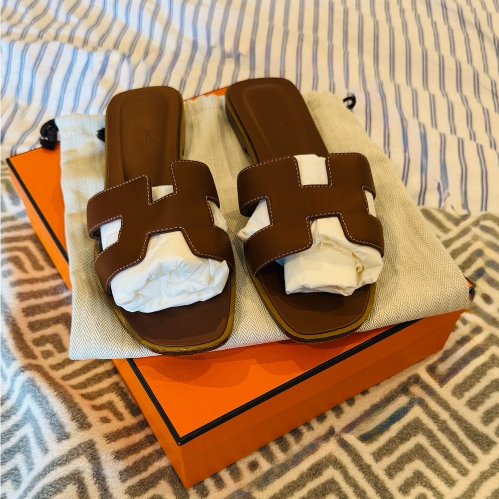 Brown Leather Slide Sandals